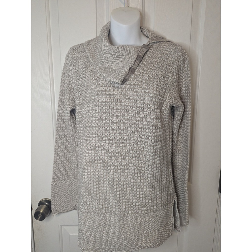 Eight Eight Eight Womens Beige Cotton Waffle Knit Button Cowl Neck Sweater Large